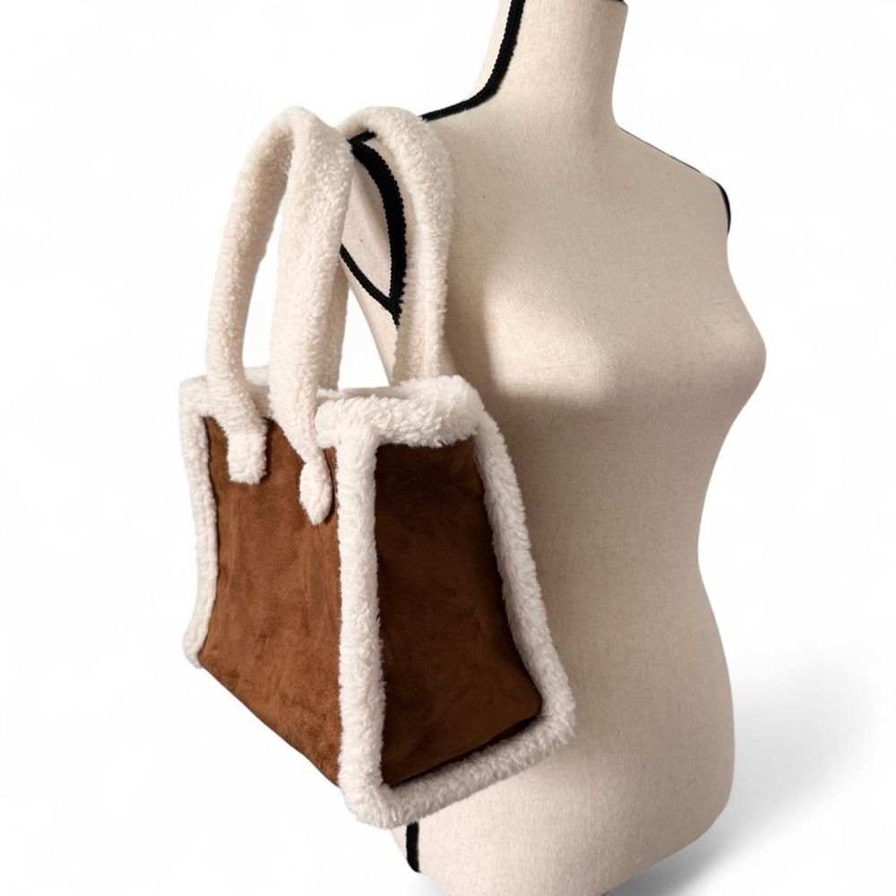Brown and Cream Faux Suede and Sherpa Shoulder Bag / Tote Bag